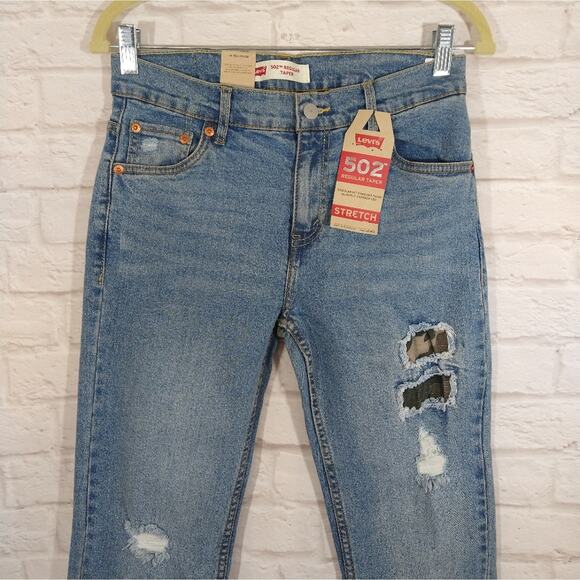O Levi's 502 Camo Distressed Regular Taper Blue Denim Jeans NWT 16 Reg 28x28 - Picture 3 of 11